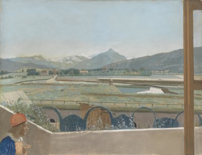 Vista em direção ao maciço do Mont Blanc do estúdio do artista em Genebra, com um auto-retrato, 1765-70 (pergaminho) de Jean Étienne Liotard