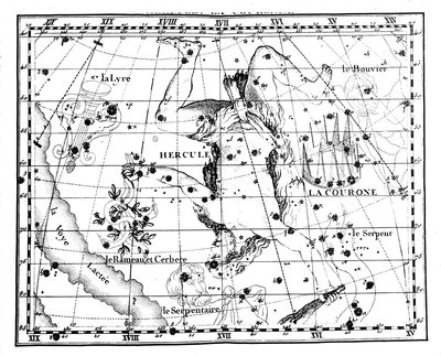 Mapa astronómico, centrado na constelação de Hércules, 1775 de Jean Fortin