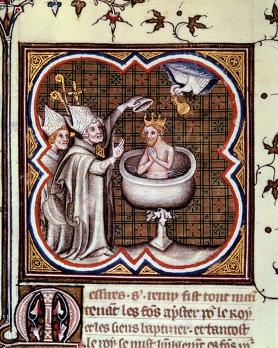 Bapteme of Clovis (466-511) de Saint Remy (Saint Remi) a Reims em 496: o Espírito Santo traz a lâmpada sagrada que contém o esperma sagrado usado para a unção dos reis. Miniatura em "grandes crônicas de França" de Jean Fouquet (1420-1481) de Jean Fouquet