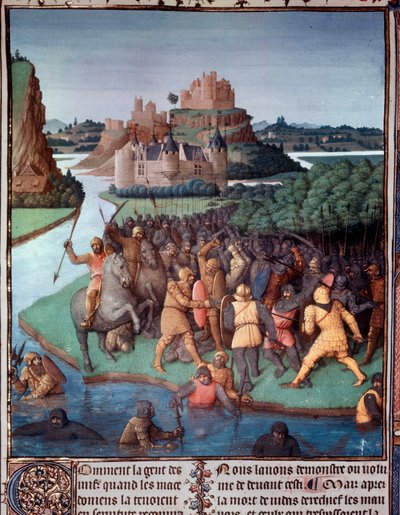 Batalha entre judeus e macedónios Miniatura tirada de "The Book of Ancient Jews" (Antiguidades Judaicas) de Jean Fouquet (1420-1481) Paris do século XV, B.N. de Jean Fouquet