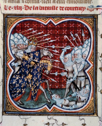 Batalha de Kortrijk entre Filipe IV o Bel (1268-1314) e a chamada Batalha de Esporas de Ouro Flamenga 11/07/1302 Miniatura tirada de "Les grandes chronicles de France" por Jean Fouquet (1420-1481) século XV. Paris, B.N. de Jean Fouquet