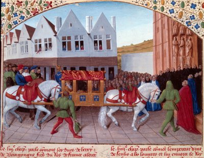 Entrada de Carlos IV (1316-1378) imperador alemão em 1378 em Saint-Denis. Miniatura de "Grandes Crônicas da França" (Folio 442). Enlumine de Jean Fouquet (século XV) de Jean Fouquet