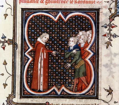 Etienne Marcel, um prefeito dos mercadores de Paris, disse pelo Rei João II o Bom (1319-1364) da França para respeitar a "Grande Portaria" de 1357 e censurado por sua conduta, em "As Grandes Crônicas da França" de Jean Fouquet (1420-1481), c. 1460 de Jean Fouquet