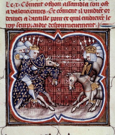 Guerra Franco-Inglesa (1202-1214): a Batalha de Bouvines em 27/07/1214 entre o exército francês de Philippe Auguste e os flamengos e galeses de Othon IV. A vitória francesa foi decisiva para o resultado da guerra. Miniatura de "Grandes Crónicas de França"  de Jean Fouquet