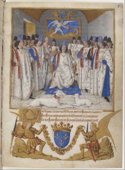 Frontispício dos Estatutos da Ordem de São Miguel, um exemplar destinado a Luís XI. de Jean Fouquet
