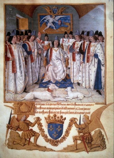 Capítulo da Ordem de São Miguel em torno de Luís XI (1423-1483) Miniatura dos "Estatutos da Ordem de São Miguel" de Jean Fouquet (1420-1481) 1470 Paris, B.N. de Jean Fouquet