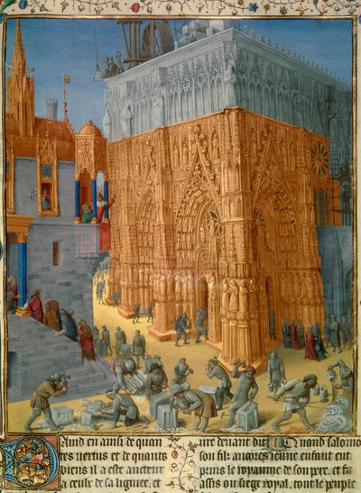A construção do Templo de Jerusalém pelo rei Salomão O rei participa da construção a partir da varanda do seu palácio. Miniatura do manuscrito "As Antiguidades Judaicas" de Josephus Flavius (Giuseppe Flavio, Flavius Josefe) (37-100) ilustrado por Jea de Jean Fouquet