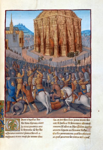 Le siege de Jerusalem par le roi de Babylone Nabuchodonosor II (604-562 avant JC) - Sítio de Jerusalém por Nabuchadnezzar II. Ilustração em Flavius Josephus "Antiquities of the Jews" (Antiquitatum Iudaicarum) par Fouquet, Jean (1420-1481). Gouache sobre pa de Jean Fouquet