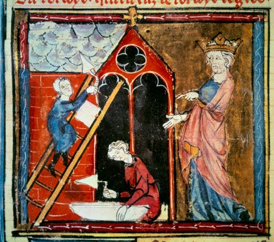 Louis vi le gros (1081 - 1137) supervisionando a construção de um edifício. Miniatura em "Grandes Cronos de França" de Jean Fouquet (1420-1481) de Jean Fouquet