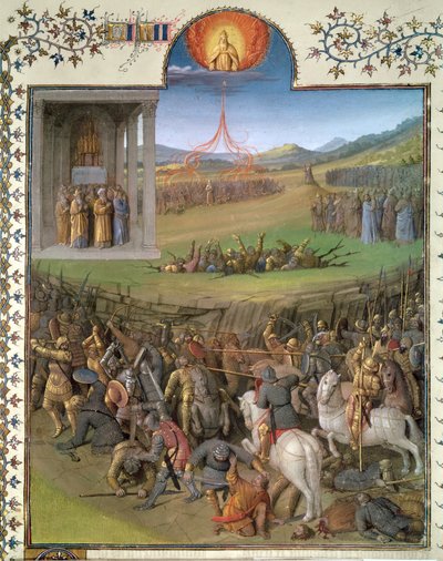 Sra. Fr 247 f.70 Batalha dos hebreus contra os cananeus e o castigo de Coré e os rebeldes, ilustração de &39;Antiquites Judaiques&39;, c.1470 de Jean Fouquet