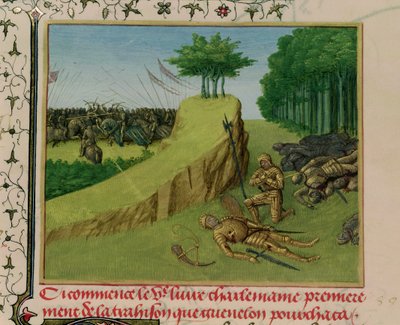 Fr. 6465 f.113 O imperador Carlos Magno encontra o cadáver de Roland depois da batalha de Roncevaux, de "Les Grandes Chroniques de France", c.1460 de Jean Fouquet