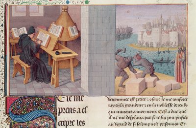 Ms.fr.273 fol.7 Lívio (59 aC-17 dC) Escrita e a Fundação de Roma, de &39;Os Anais do Povo Romano&39; traduzido por Pierre Bersuire, c.1475 de Jean Fouquet