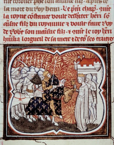 A Rainha Constança de Arles (986-1032) rende-se ao seu filho Henrique I Rei de França (1008-1060) Miniatura de "Les grandes chronicles de France" de Jean Fouquet (1420-1481) Paris, B.N. do século XV. de Jean Fouquet