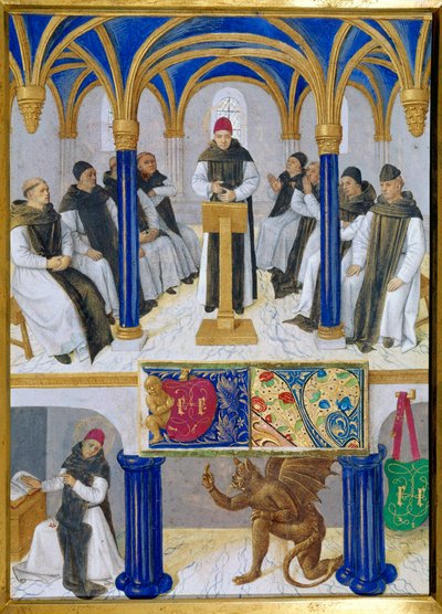 Representação de São Bernardo de Clairvaux (San Bernardo di Chiaravalle) (1090-1153) professor e tenda do diabo Miniatura tirada do "Livro de Horas de Etienne Chevalier" de Jean Fouquet (1420-1477/1481) de Jean Fouquet