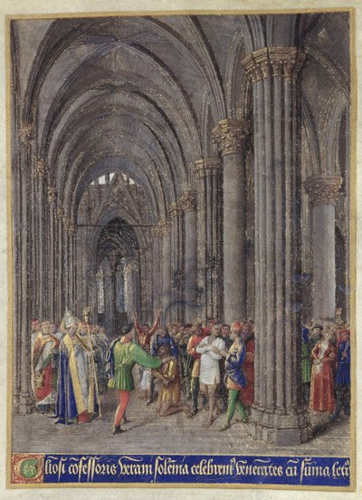 São Verano exorcizando o possuído no corredor norte da Catedral de Notre-Dame de Paris, do &39;Heures d&39;Etienne Chevalier&39;, 1452-60 de Jean Fouquet