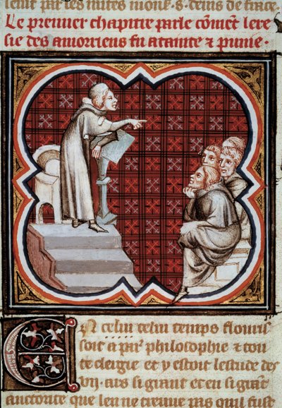 O filósofo e teólogo francês Amaury de Chartres (ou Amaury de Bene ou Amalricus de Bene) (falecido em 1209) diante dos seus discípulos (os Amauricianos). Miniatura de Les Grandes Chronicles de France" iluminada por Jean Fouquet (1420-1481) de Jean Fouquet