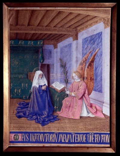 As Horas da Virgem: A Segunda Anunciação Miniatura em "As Horas de Etienne Chevalier" de Jean Fouquet (1420-1481) de Jean Fouquet