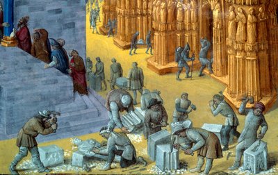 A construção do templo de Jerusalém pelo rei Salomão Detalhe representando os cortadores de pedra. Miniatura do manuscrito "As Antiguidades Judaicas" de Josephus Flavius (Giuseppe Flavio, Flavius Josephe) (37-100) ilustrado por Jean Fouquet (1425-1481) de Jean Fouquet