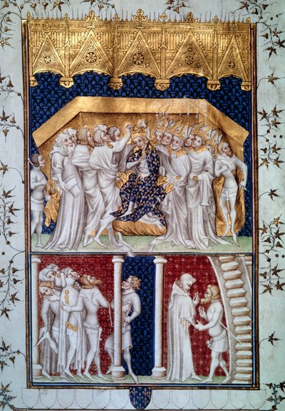 A coroação de Carlos VI (1368-1422) pelos pares da França, em 16/09/1380. Miniatura das Grandes Crônicas da França" por Jean Fouquet (1420-1481) Paris, B.N. do século XV. de Jean Fouquet