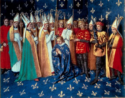 A coroação de Philippe Auguste em Reims em 1/11/1179. Miniatura de Chronicles of Saint Denis" de Jean Fouquet (1420-1481) século XV. Paris, B.N. de Jean Fouquet