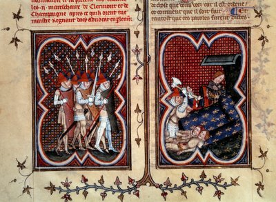 O marechaux Robert de Clermont e Jean de Conflans foram assassinados por Etienne Marcel (1315-1358) e seus homens no quarto do golfinho Charles (futuro Charles V) no Palais de la cite em 22 de fevereiro de Jean Fouquet