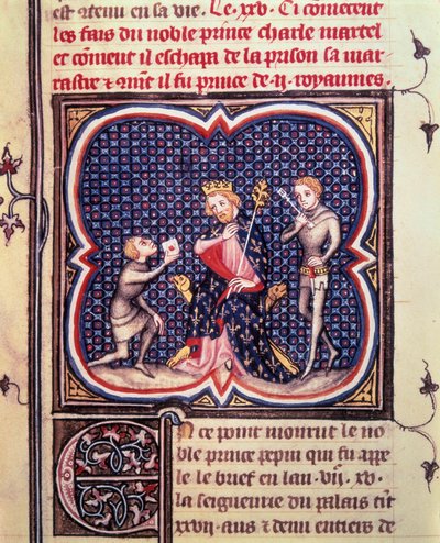 O prefeito do Palácio Charles Martel (688-741) e seu camareiro recebem um mensageiro do Duque de Eudes d