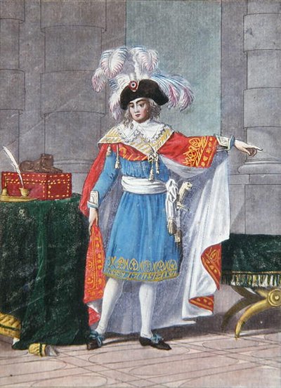 Um dos Cinco Membros do Diretório Executivo do período Directoire (1795-99) em traje formal (gravura colorida) de Jean Francois (after) Garneray