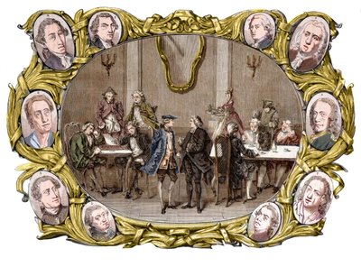 Paris - O café "Procope" no século XVIII, da direita para a esquerda, nos medalhões, Georges Louis Leclerc, Comte de Buffon, Nicolas Joseph Florent Gilbert, Denis Diderot, Jean le Rond d