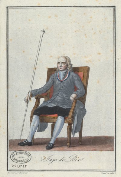 Justiça da Paz, gravada por Alix, de um livro sobre trajes franceses de Directoire (gravura a cores) de Jean Francois Garneray