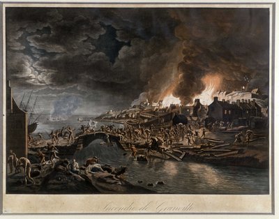 Granville em chamas sitiada pelos Vendéans, baseada na pintura de J. François Hue, c. 1800. de Jean Francois Hue