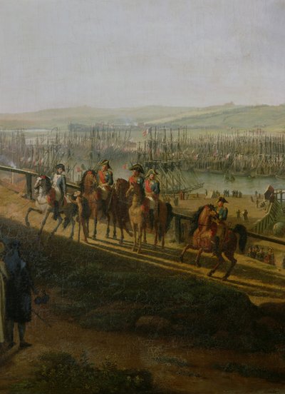 Napoleão Bonaparte (1769-1821) visitando o acampamento em Boulogne em julho de 1804, detalhe de Napoleão e a Flotilha, 1806 de Jean Francois Hue