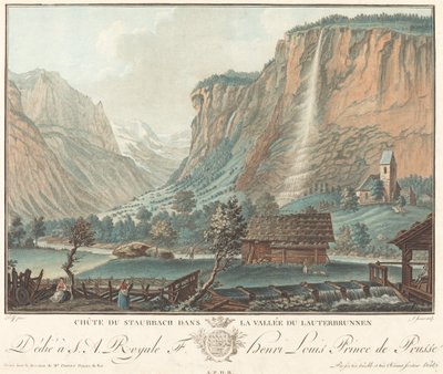 Staubbach Falls, no Lauterbrunnen Valley Falls em Staubbach..., provavelmente 1776. de Jean Francois Janinet