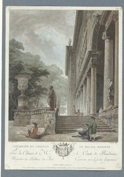 Vista da Villa Medici Colonade et jardins du Palais Medicis (título no objeto) de Jean Francois Janinet