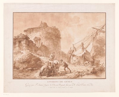 Paisagem com ruínas e um navio perto de Génova Environs de Genes (título no objeto) de Jean Francois Janinet