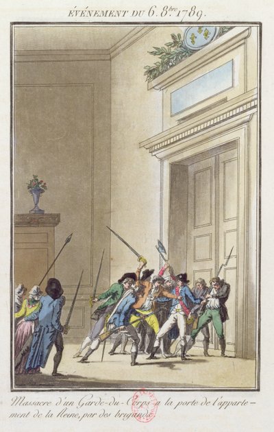 Multidão de parisienses atacando e matando o guarda na entrada dos apartamentos da rainha em Versailles 6 de outubro de 1789 de Jean Francois Janinet
