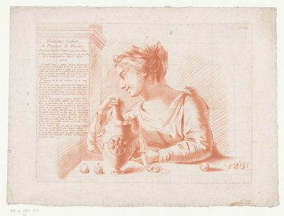Impressão do título com mulher e jarro Composições com partes do corpo humano (título da série) Huitième Cahier, os Principes de Dessin (título da série no objeto) de Jean Francois Janinet
