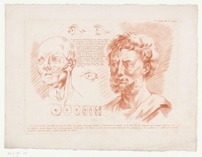 Cabeças e olhos de dois homens de diferentes pontos de vista 3.e Feuille du 8e Cahier. (título no objeto) Composições com partes do corpo humano (título da série) Huitième Cahier de Principes de Design (título da série) de Jean Francois Janinet