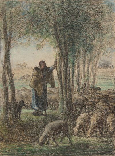 Uma pastora e seu rebanho na sombra das árvores, 1854-55 (conté crayon e pastel sobre papel) de Jean Francois Millet