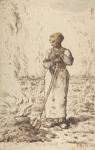 Uma mulher queimando ervas daninhas, 1830-75 de Jean Francois Millet