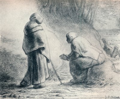 Bergeres Se Chauffant, pastores em um incêndio, século XIX de Jean Francois Millet