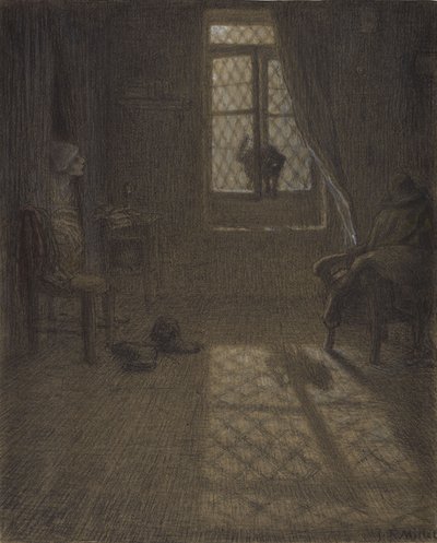 Le chat ou The Cat at the Window, 1857-58 (conté crayon e pastel com stumping e blending, fixado em papel woven) de Jean Francois Millet
