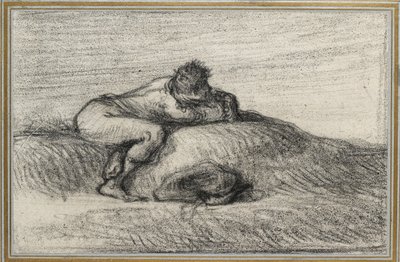 Homem agachado em um Hillock, 1848 - 1850 (lápis preto sobre papel branco, colocado sobre papel azul claro com três linhas douradas) de Jean Francois Millet