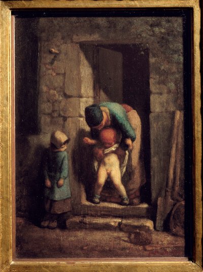 Precaução maternal. Uma mãe faz o seu filho urinar em frente a uma porta. Pintura de Jean Francois Millet (1814-1875) de Jean Francois Millet