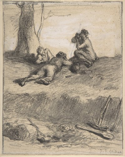 Roadworkers at Lunch, c.1850-52 (conte giz de cera com guache, sobre papel de Jean Francois Millet