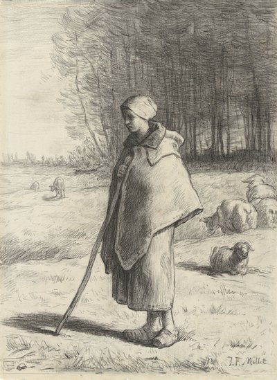 Pastora apoiando-se em uma vara de Jean Francois Millet
