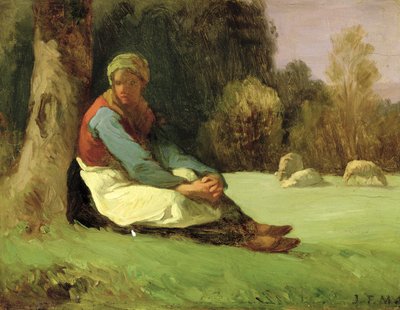 Pastora sentada (óleo sobre tábua) de Jean Francois Millet