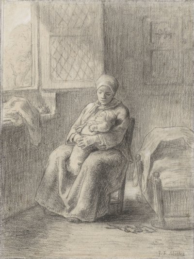 Mulher sentada com um bebê por uma janela, c.1824-75 (giz no papel) de Jean Francois Millet