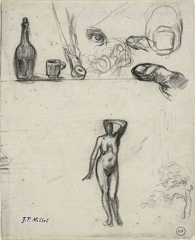 Folha de esboços: nu feminino em pé, árvore, natureza morta, dedos e olho de Jean Francois Millet