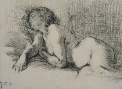 Estudo de um nu feminino reclinado (carvão sobre papel) de Jean Francois Millet