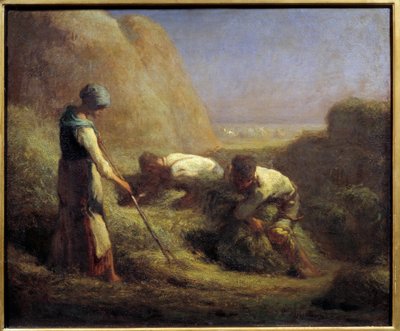 Os barqueiros de feno. Os camponeses fazem as botas com o feno que acabou de ser cortado. Pintura de Jean Francois Millet (1814-1875) Sol do século XIX. 0,54x0,65 m de Jean Francois Millet